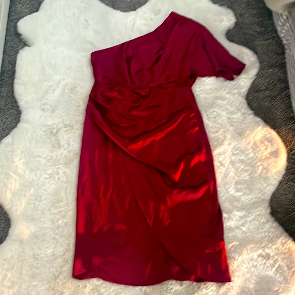 Red satin one shoulder dress
